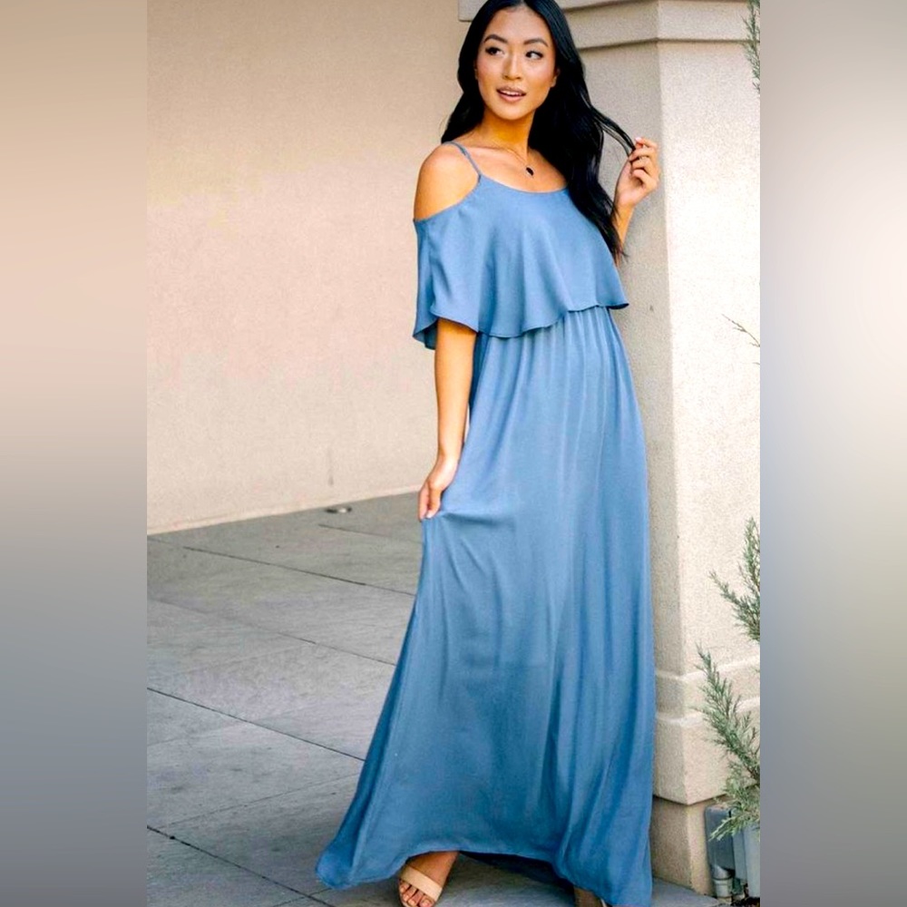 NWT Bohme Better off the Shoulder Bridemaid Dress in Slate Blue